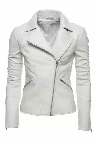 Women’s white biker lambskin leather jacket zipper detail