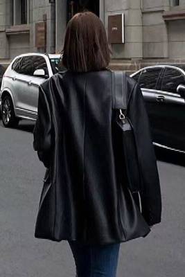Women’s trench style black mid-length leather coat 2