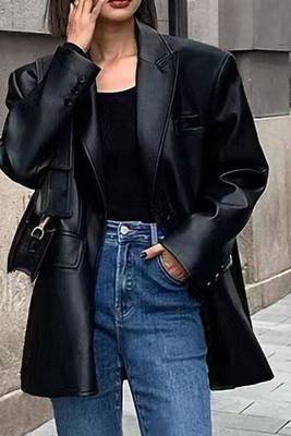 Women’s trench style black mid-length leather coat 3