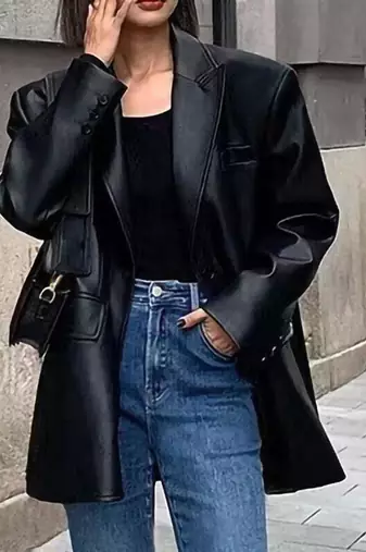Women’s trench style black mid-length leather coat
