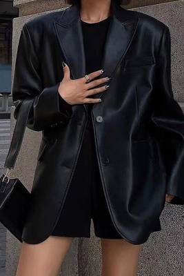 Women’s trench style black mid-length leather coat 4
