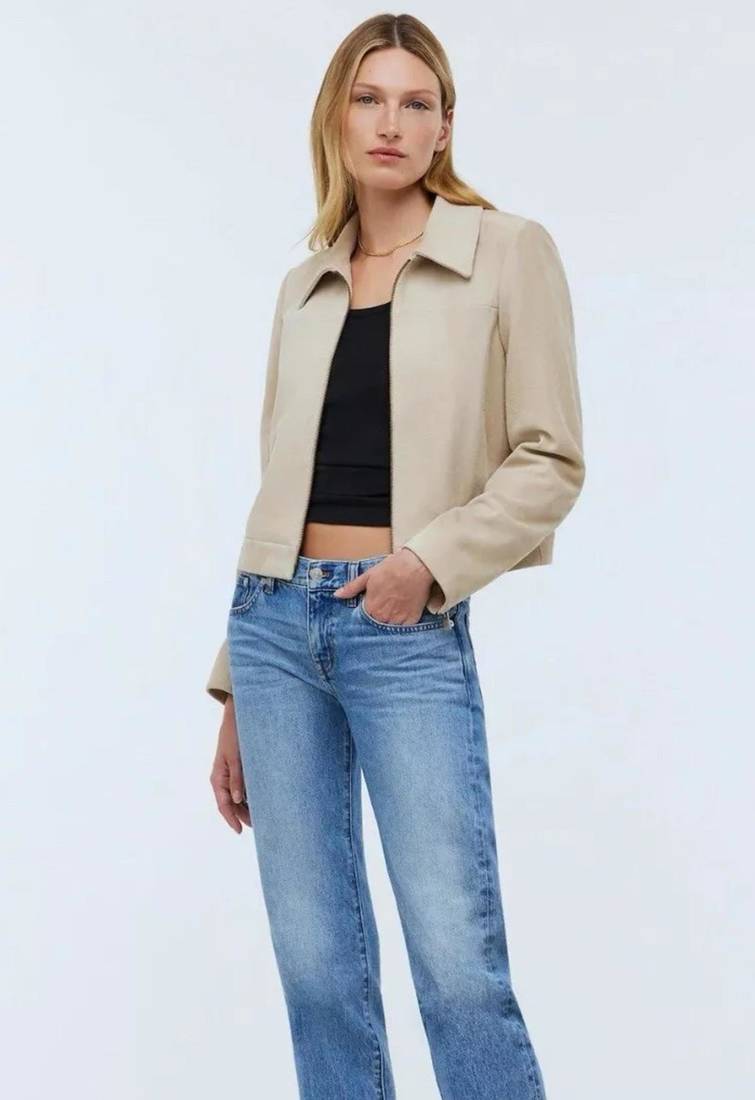 Women’s cream white lambskin leather jacket- zipper detail
