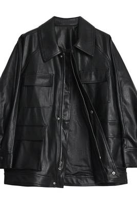 Women’s trench style black mid-length leather belted coat 1