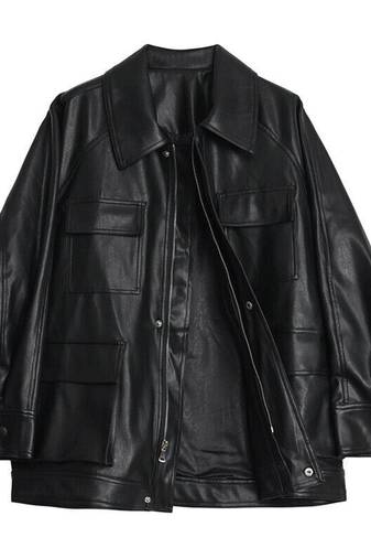 Women’s trench style black mid-length leather belted coat