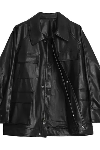 Women’s trench style black mid-length leather belted coat