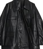 Women’s trench style black mid-length leather belted coat