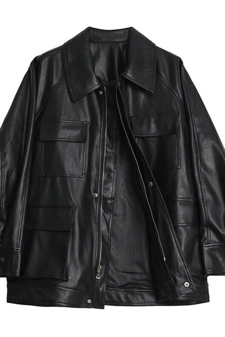 Women’s trench style black mid-length leather belted coat