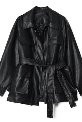 Women’s trench style black mid-length leather belted coat 3