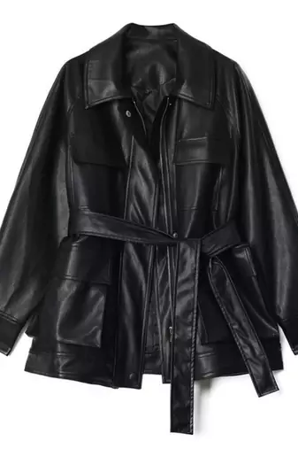 Women’s trench style black mid-length leather belted coat