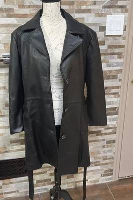 Women’s belted trench style black mid-length leather  coat 1