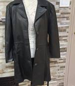 Women’s belted trench style black mid-length leather  coat