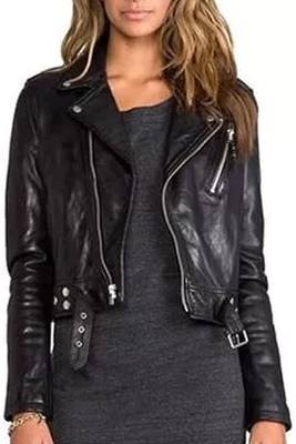 Women’s black lambskin leather biker jacket café racer 1
