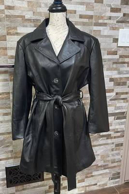 Women’s belted trench style black mid-length leather  coat 2
