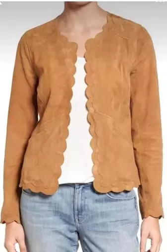 Women’s brown suede leather jacket round design formal look