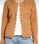 Women’s brown suede leather jacket round design formal look