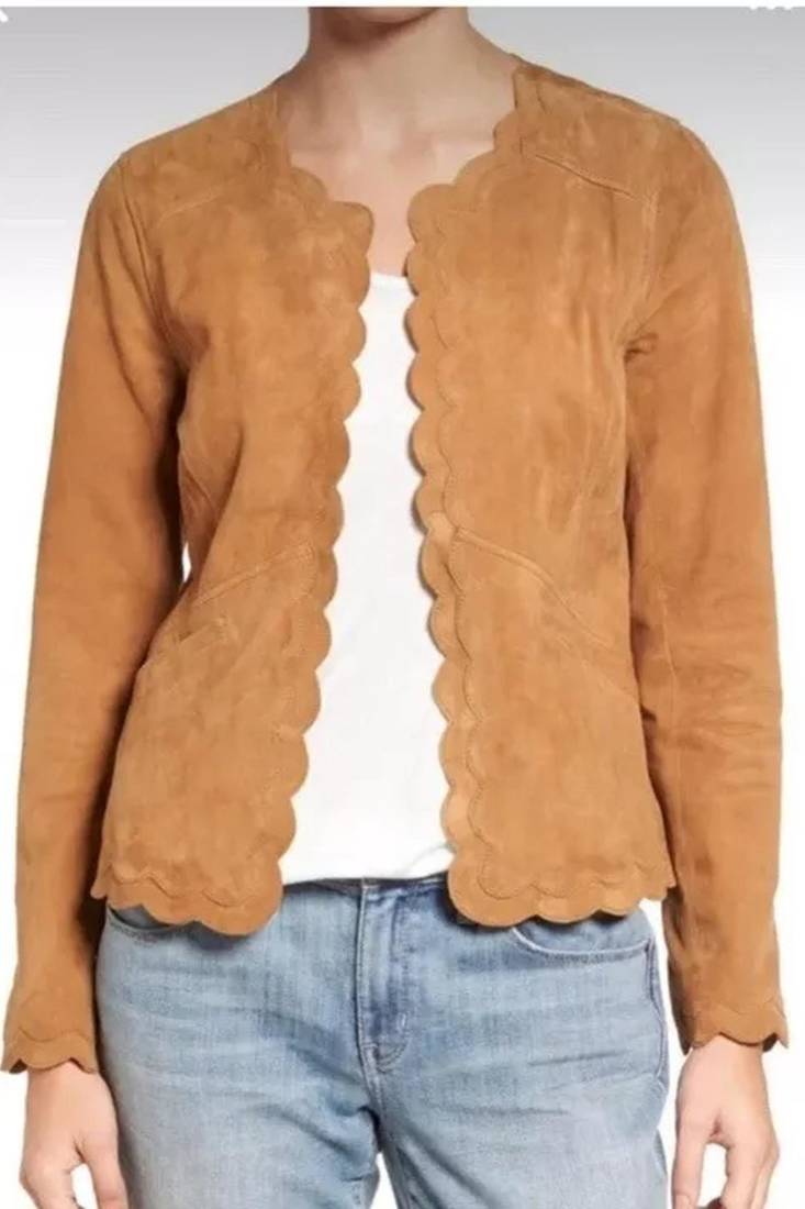 Women’s brown suede leather jacket round design formal look