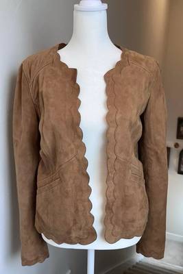 Women’s brown suede leather jacket round design formal look 2