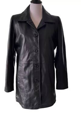 Women’s trench style black mid-length button leather  coat 1