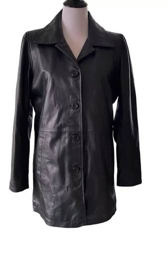 Women’s trench style black mid-length button leather  coat