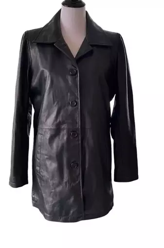 Women’s trench style black mid-length button leather  coat