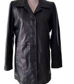 Women’s trench style black mid-length button leather  coat
