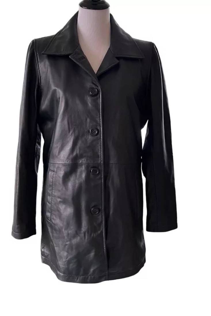 Women’s trench style black mid-length button leather  coat