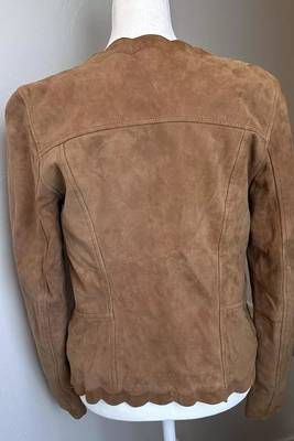 Women’s brown suede leather jacket round design formal look 3