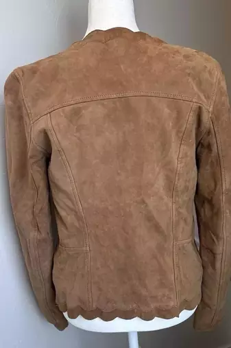 Women’s brown suede leather jacket round design formal look