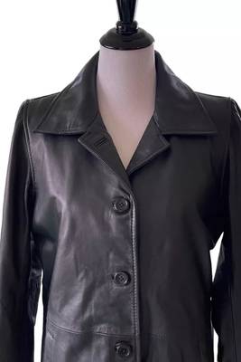 Women’s trench style black mid-length button leather  coat 2