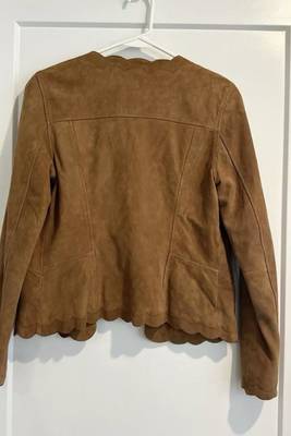 Women’s brown suede leather jacket round design formal look 4