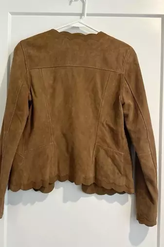 Women’s brown suede leather jacket round design formal look