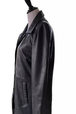 Women’s trench style black mid-length button leather  coat 3