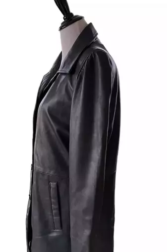 Women’s trench style black mid-length button leather  coat