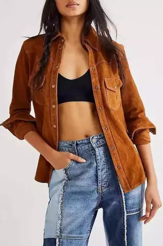 Women’s brown button style suede lambskin leather jacket