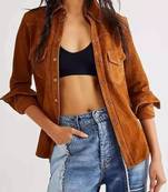 Women’s brown button style suede lambskin leather jacket