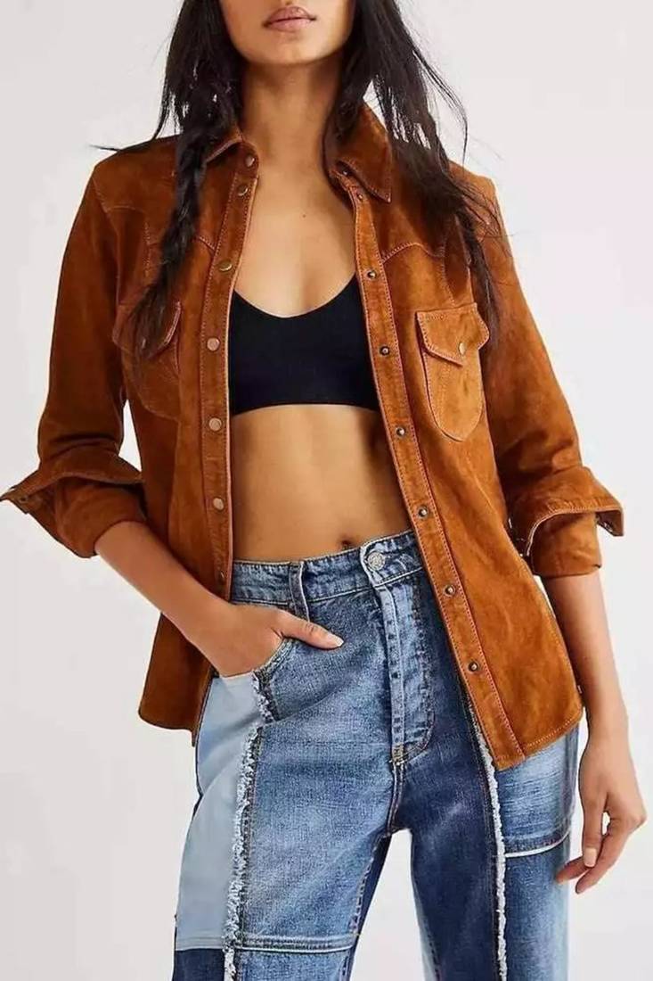 Women’s brown button style suede lambskin leather jacket