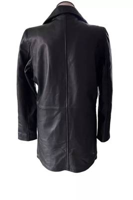 Women’s trench style black mid-length button leather  coat 4
