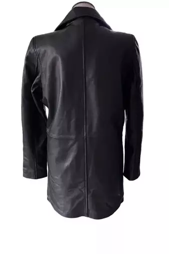 Women’s trench style black mid-length button leather  coat