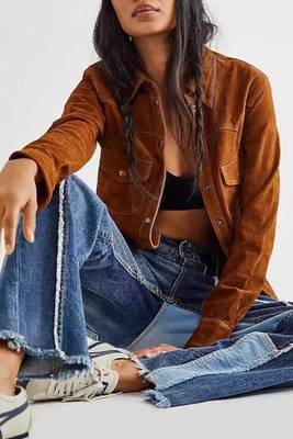 Women’s brown button style suede lambskin leather jacket 2