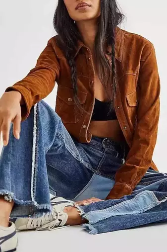 Women’s brown button style suede lambskin leather jacket
