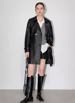 Women’s  style black mid-length leather trench coat 1