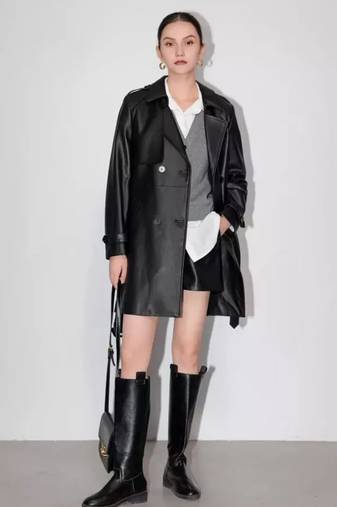 Women’s  style black mid-length leather trench coat
