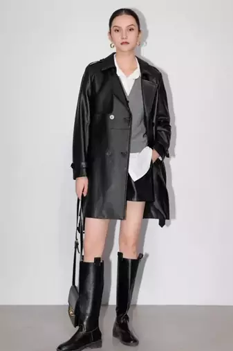 Women’s  style black mid-length leather trench coat