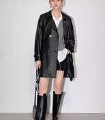 Women’s  style black mid-length leather trench coat