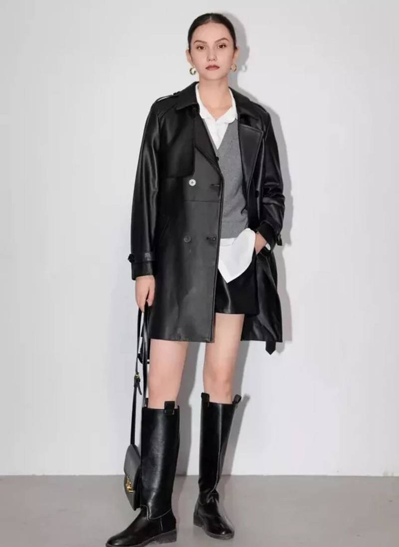 Women’s  style black mid-length leather trench coat