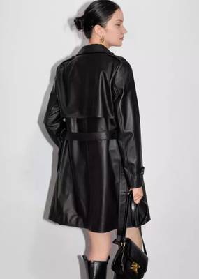 Women’s  style black mid-length leather trench coat 2