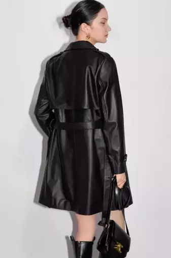 Women’s  style black mid-length leather trench coat