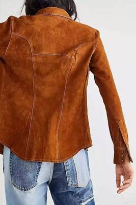 Women’s brown button style suede lambskin leather jacket 4