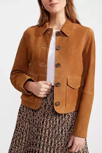 Women’s brown button style suede lambskin leather jacket 2 pockets