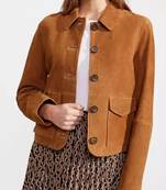 Women’s brown button style suede lambskin leather jacket 2 pockets